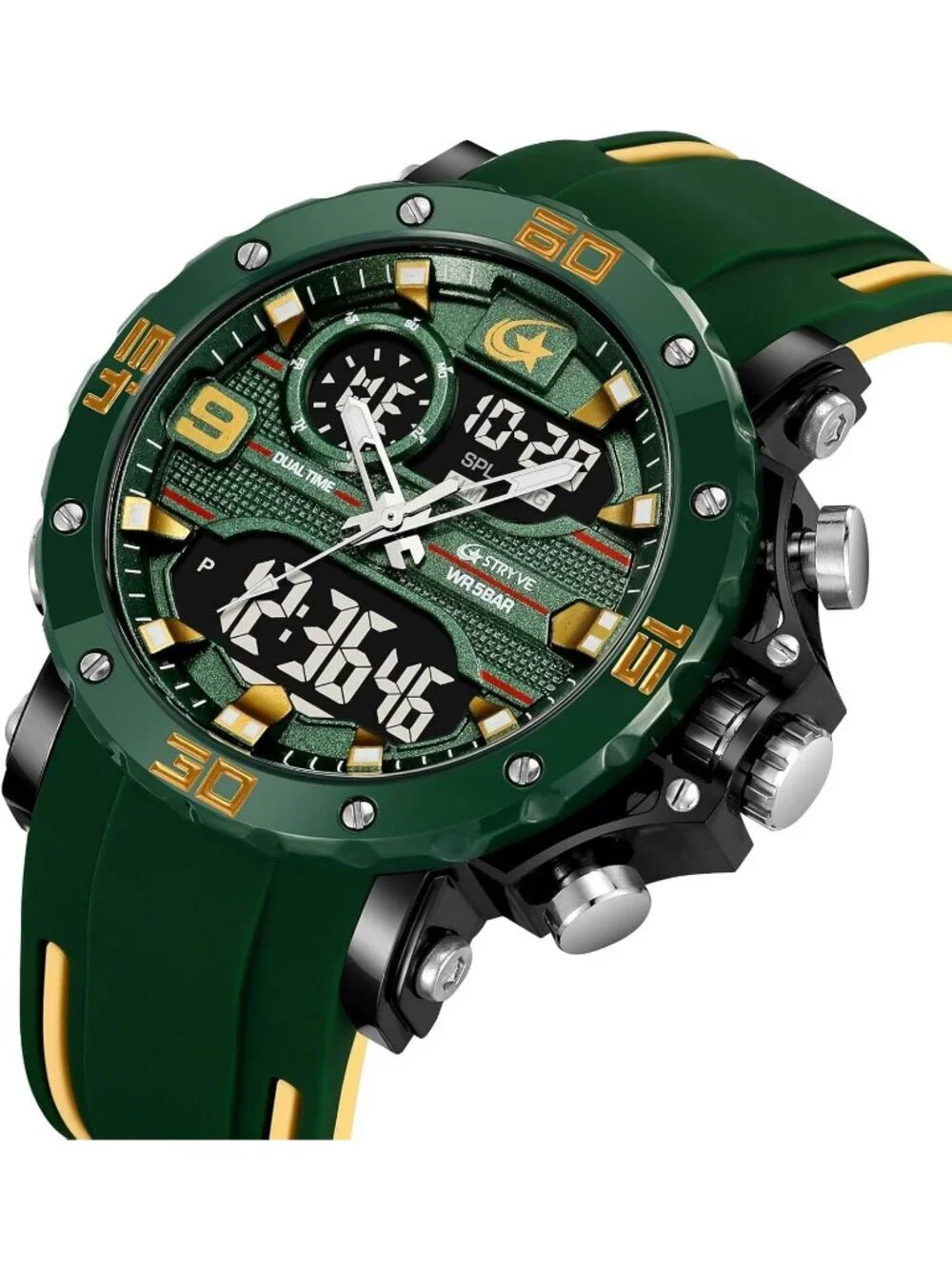 Men's Green Analog Quartz Silicone Band Waterproof Multifunction Digital Watch